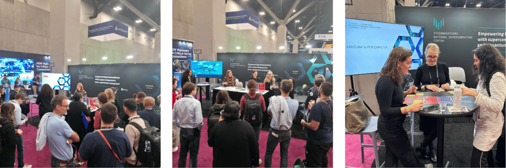 Crowds of people at a conference booth, with presentations on screens, and a group of women playing a game at a table.