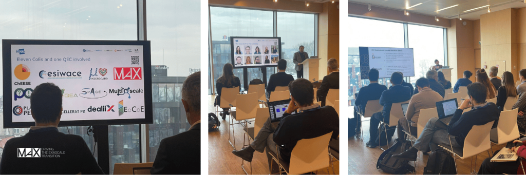 A conference presentation with a large screen displaying logos and the text "Eleven CoEs and one QEC involved," with a man speaking at a podium and an audience seated and listening.