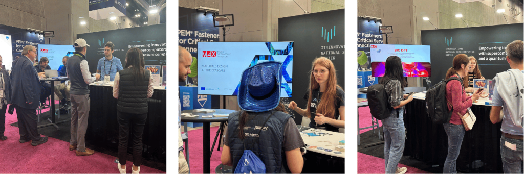 People at an industry trade show interacting with booths and displays advertising supercomputing and materials design.