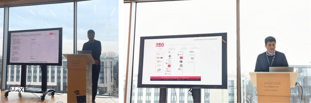 Ferretti giving a presentation at the HiPEAC 2026 Conference. He stands behind a podium with a laptop, next to a large screen displaying presentation slides about optimization. The slides show text and logos.