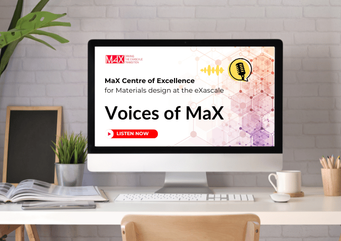 Mockup: a laptop screen showing the cover of MaX Podcast.