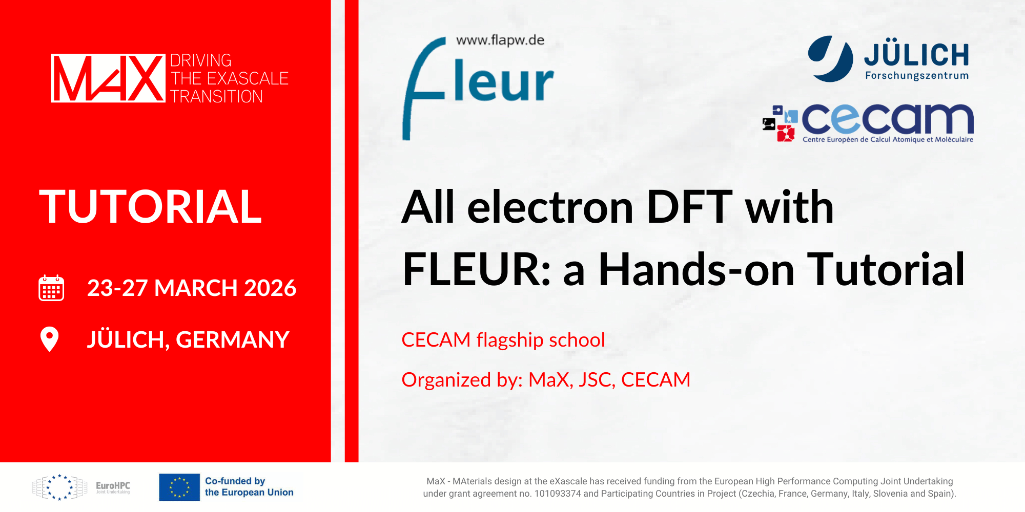 Poster advertising an all-electron DFT hands-on tutorial with FLEUR, organized by MaX, JSC, and CECAM, taking place in Jülich, Germany from March 23-27, 2026.