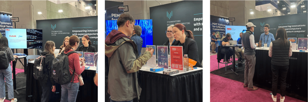 People interacting at various booths during the conference, displaying information about quantum computing, supercomputers, and technical services.