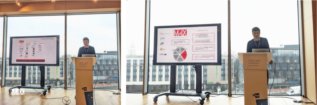 Ferretti giving a presentation at the HiPEAC 2026 Conference. He stands behind a podium with a laptop, next to a large screen displaying presentation slides about optimization. The slides show text and logos.