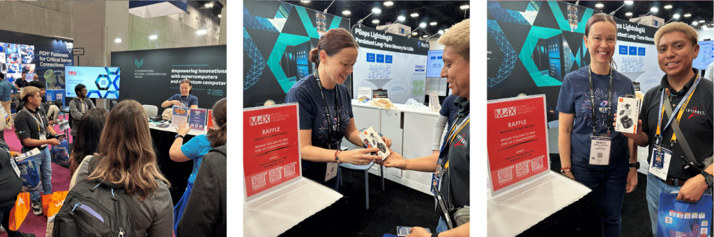 People at a conference booth, some holding raffle prizes, including headphones. Booth signage mentions raffle prizes.