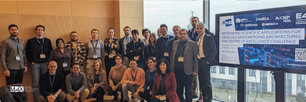 Speakers of the workshop posing in front of a screen displaying information about a conference on exascale computing and emerging architectures.
