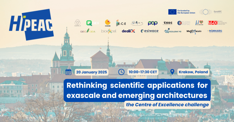 Promotional image for a HiPEAC conference in Krakow, Poland, on January 20, 2025, from 10:00 to 17:30 CET, focusing on rethinking scientific applications for exascale and emerging architectures.