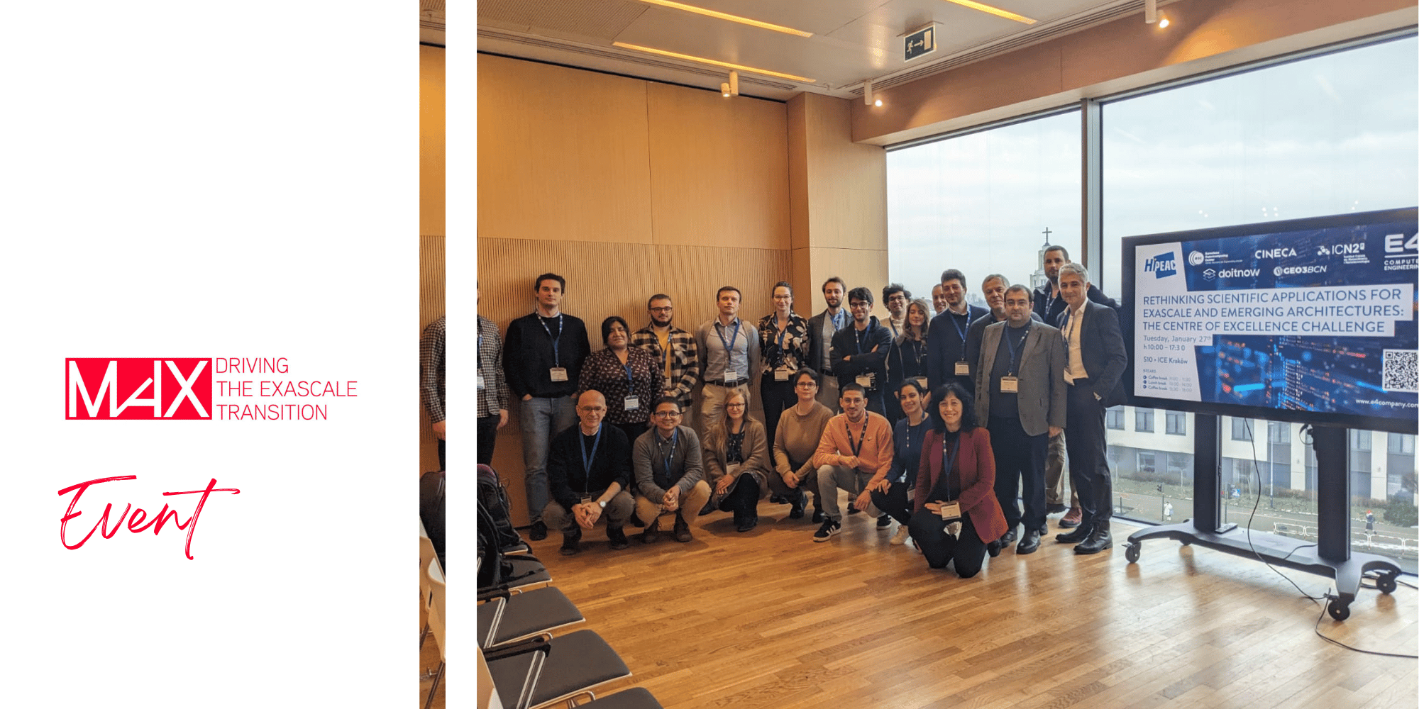 Group photo of people at an event, with a screen showing information about "Rethinking Scientific Applications for Exascale and Emerging Architectures".