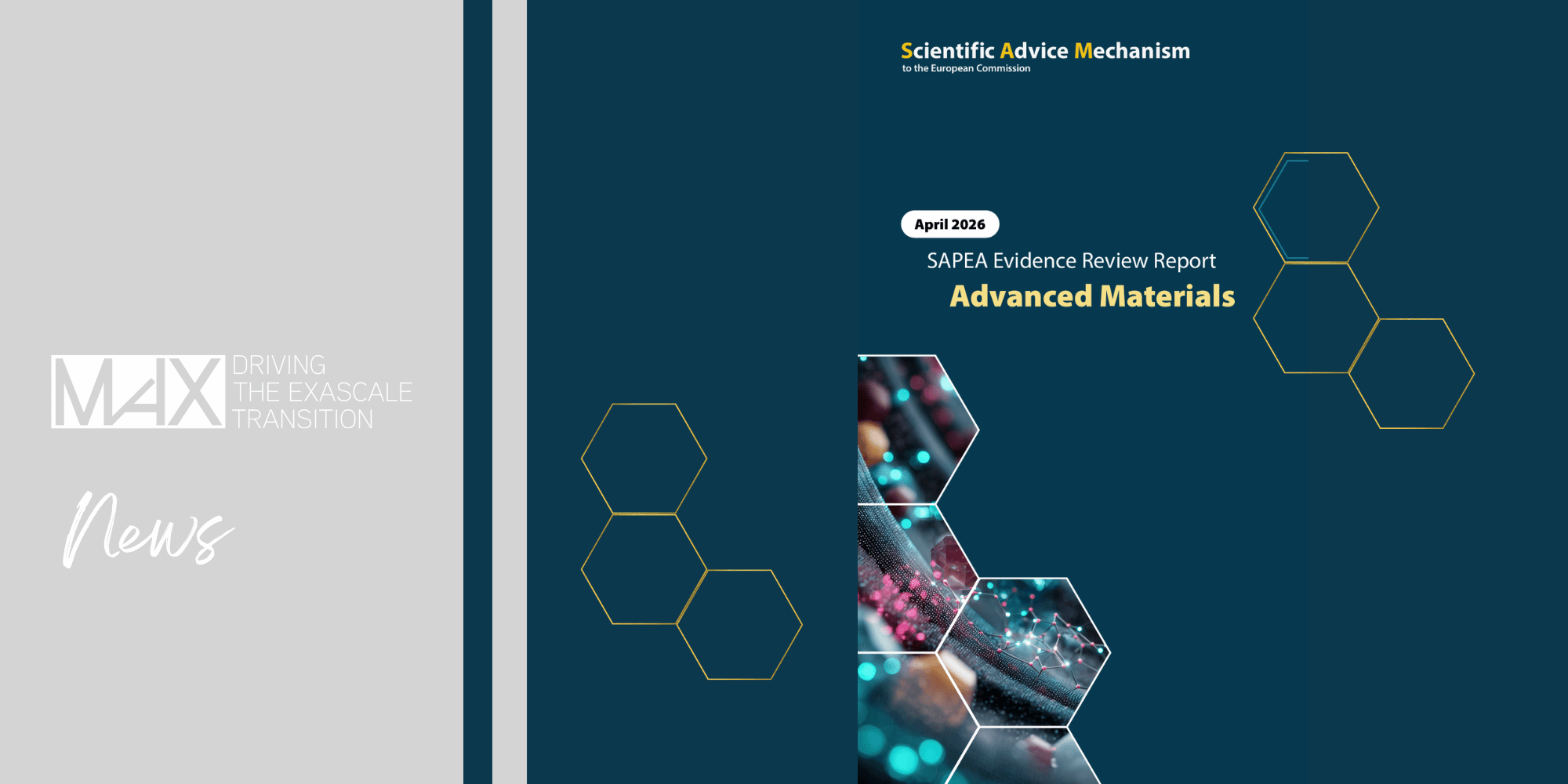 Cover of the "SAPEA Evidence Review Report: Advanced Materials" from April 2026, with the Scientific Advice Mechanism logo and the MAX logo, "Driving the Exascale Transition," and "News" text on the left.