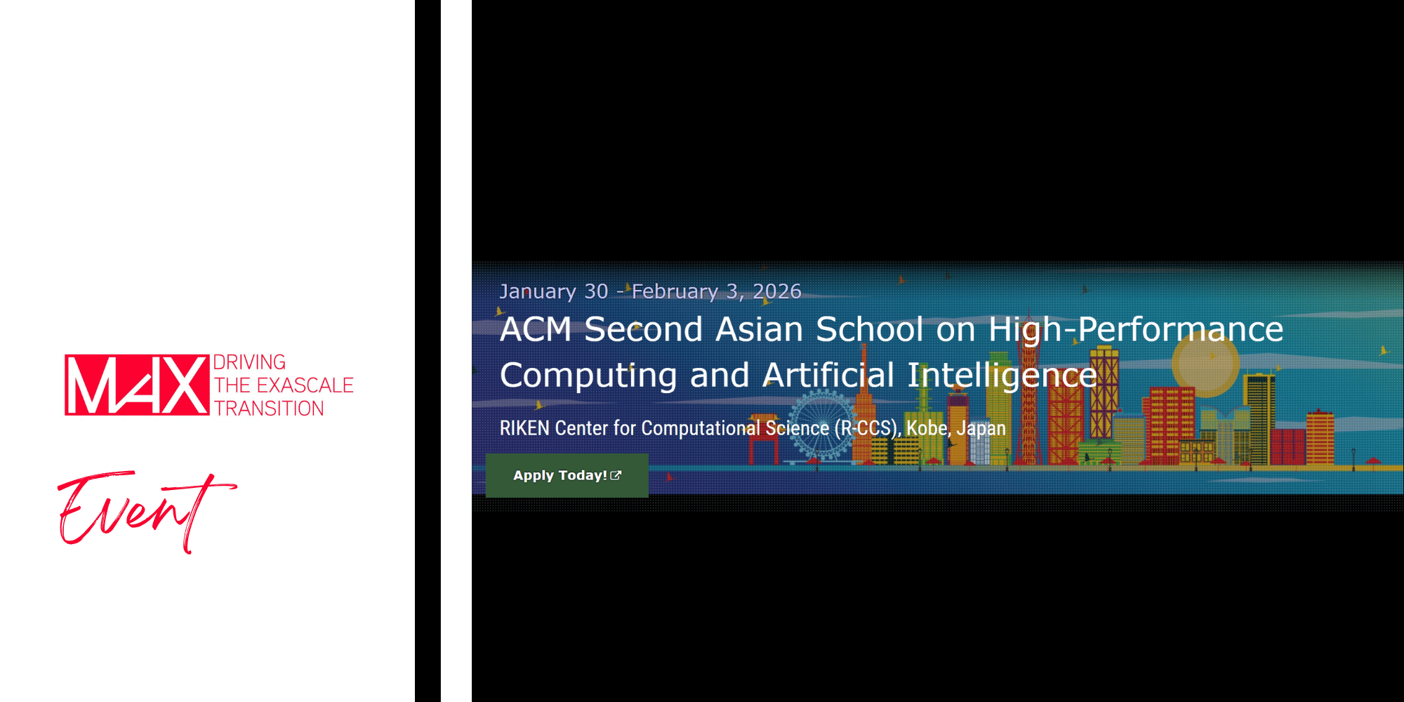 Event banner for the ACM Second Asian School on High-Performance Computing and Artificial Intelligence. The banner features a colourful cityscape illustration on a black background.