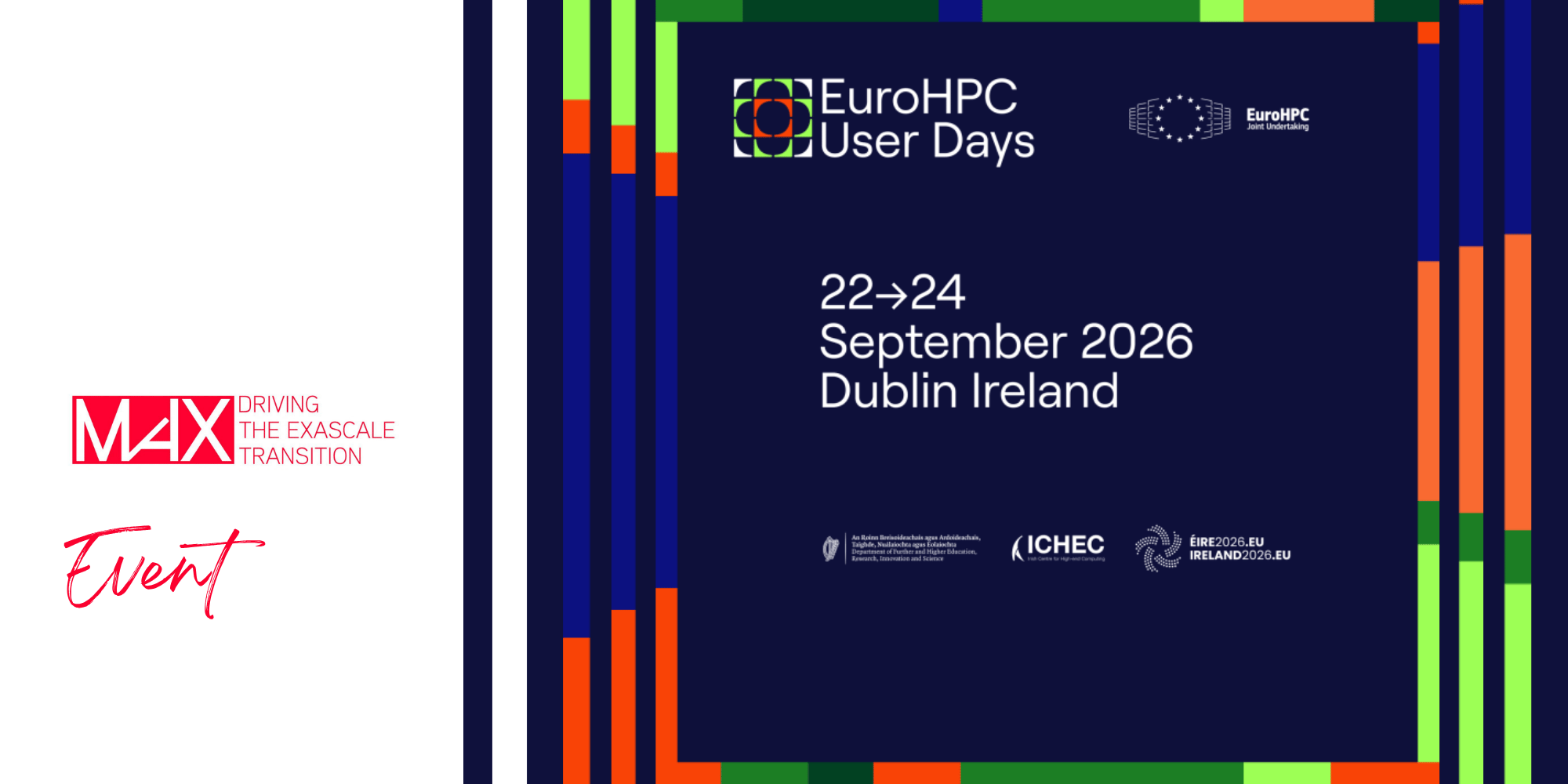 EuroHPC User Days event poster with dates September 22-24, 2026, in Dublin, Ireland, and the MaX logo.