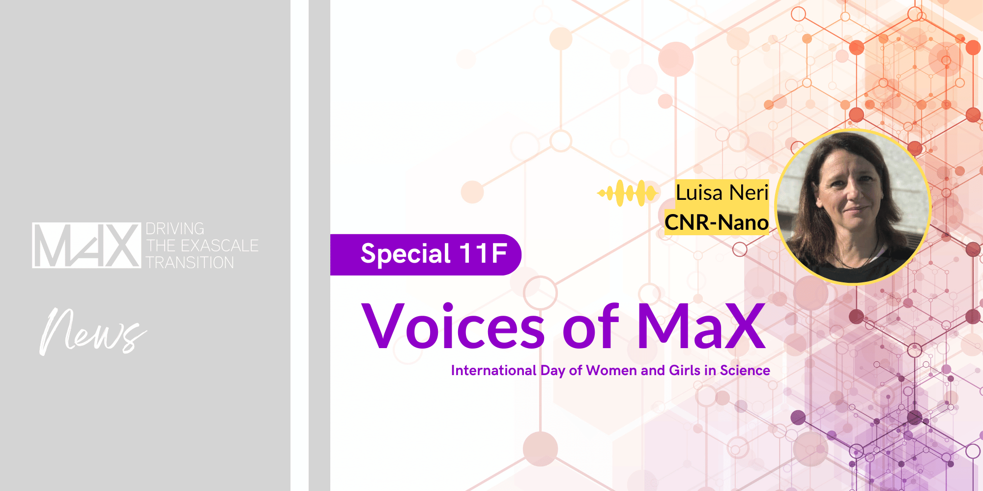 Promotional graphic for the International Day of Women and Girls in Science. Features the MaX logo, the name "Luisa Neri" with the affiliation "CNR-Nano", and the title "Voices of MaX".