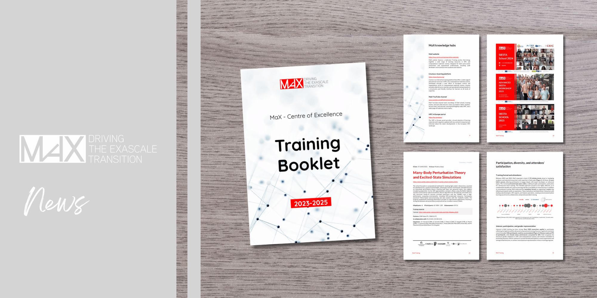 Training booklet titled "Training Booklet 2023-2025" with supplementary information, including images of training events, and details on participants and training format.