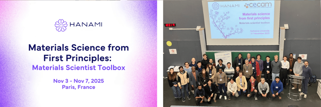 A group of scientists gathered at a conference titled "Materials Science from First Principles: Materials Scientist Toolbox" held in Paris, France. A banner with the conference details is displayed on a screen behind them, with a logo of "HANAMI Cecam".