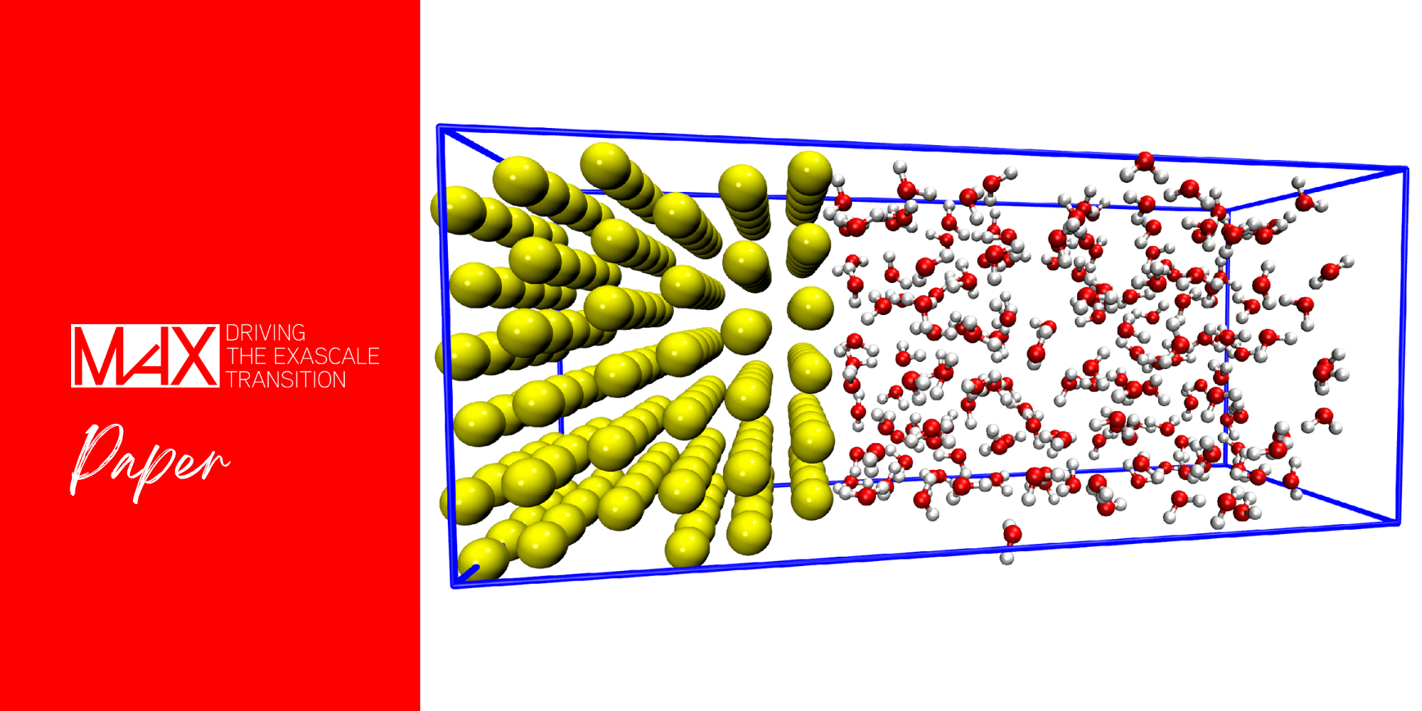 Side view in perspective of the XZ plane for the system investigated. The system contains 180 Au atoms and 236 water molecules, totaling 888 atoms. The golden, white, and red spheres represent Au, H, and O atoms.