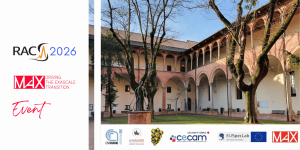 Exterior courtyard with arched walkways, trees, and event logos for "RAC 2026", "MAX", and logos of various collaborating organizations.