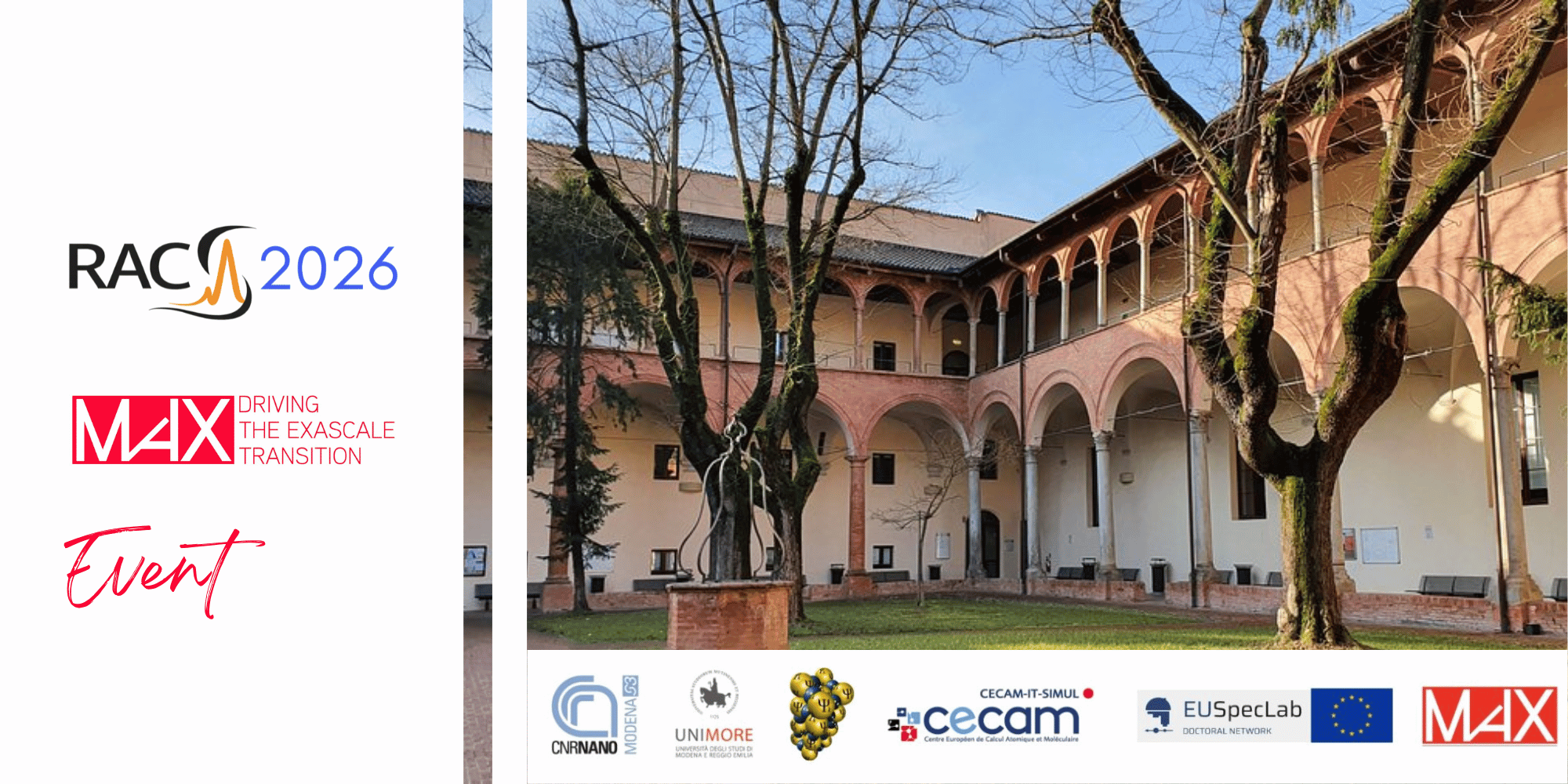Exterior courtyard with arched walkways, trees, and event logos for "RAC 2026", "MAX", and logos of various collaborating organizations.