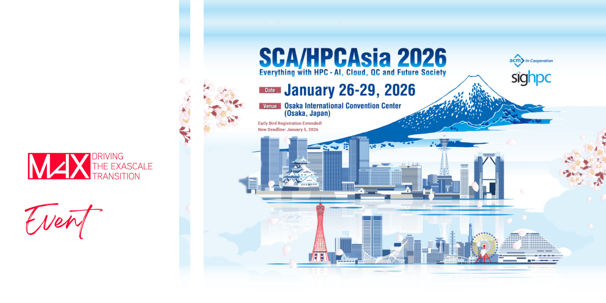 SCA/HPCAsia 2026 conference poster with stylized Japanese cityscape and Mount Fuji, advertising dates January 26-29, 2026, at Osaka International Convention Center, with a MAX event logo on the left.