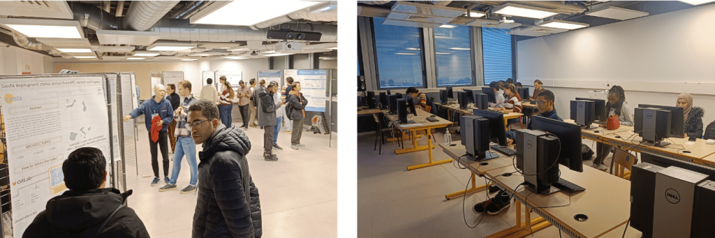 People attending a conference with poster presentations and a computer lab with students.