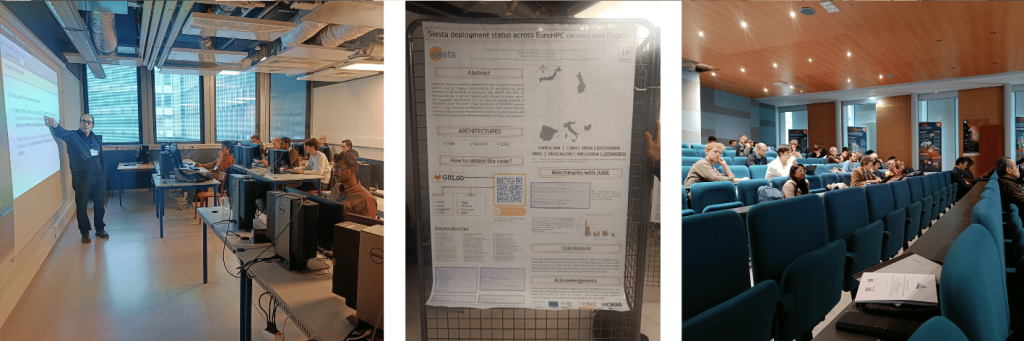 A presentation in a classroom with Pablo Ordejón as a speaker, a poster, and an audience.